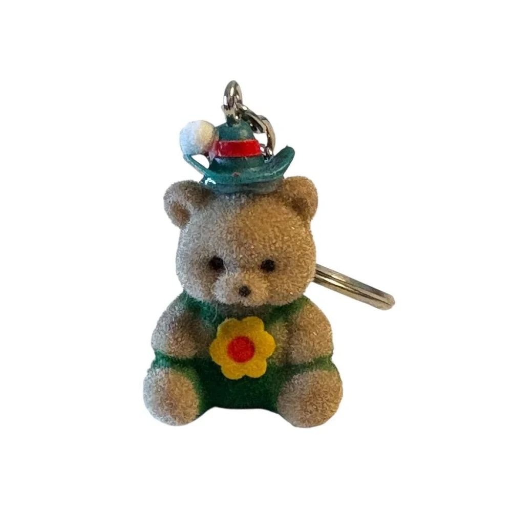 Flocked Teddy Bear Keychain‎ Fob Key Ring Brown Green Hat Flower Vintage 80s